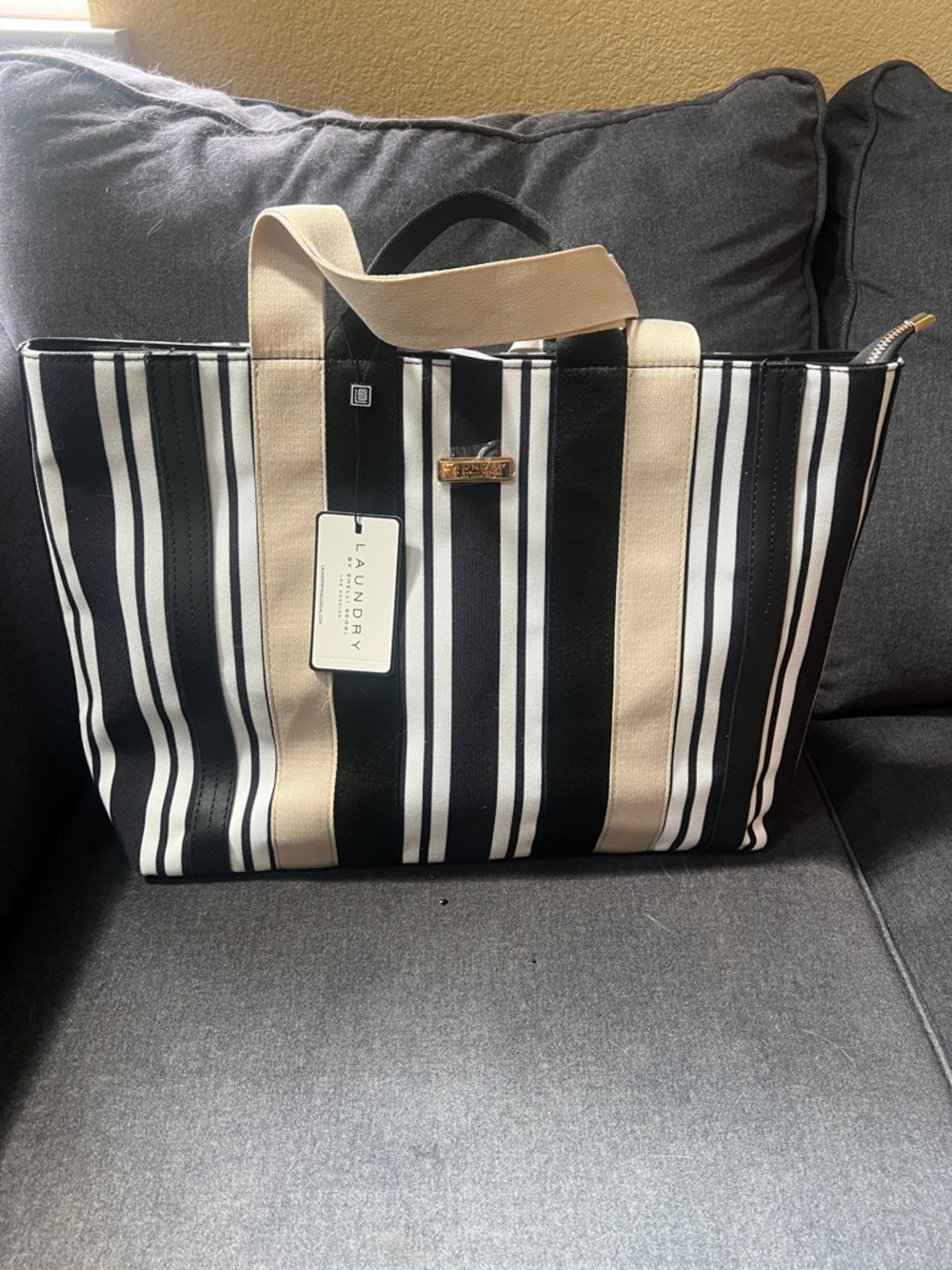 NWT- Laundry By Shelli Segal Black, White & Cream Striped Canvas Tote